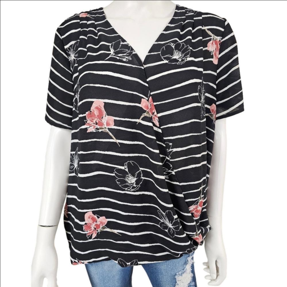 Apt. 9 Short Sleeve Striped/Floral Wrap Blouse Size XL